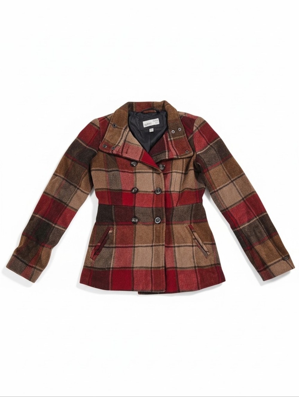 Esprit Red Brown Plaid Pea Coat Size 2